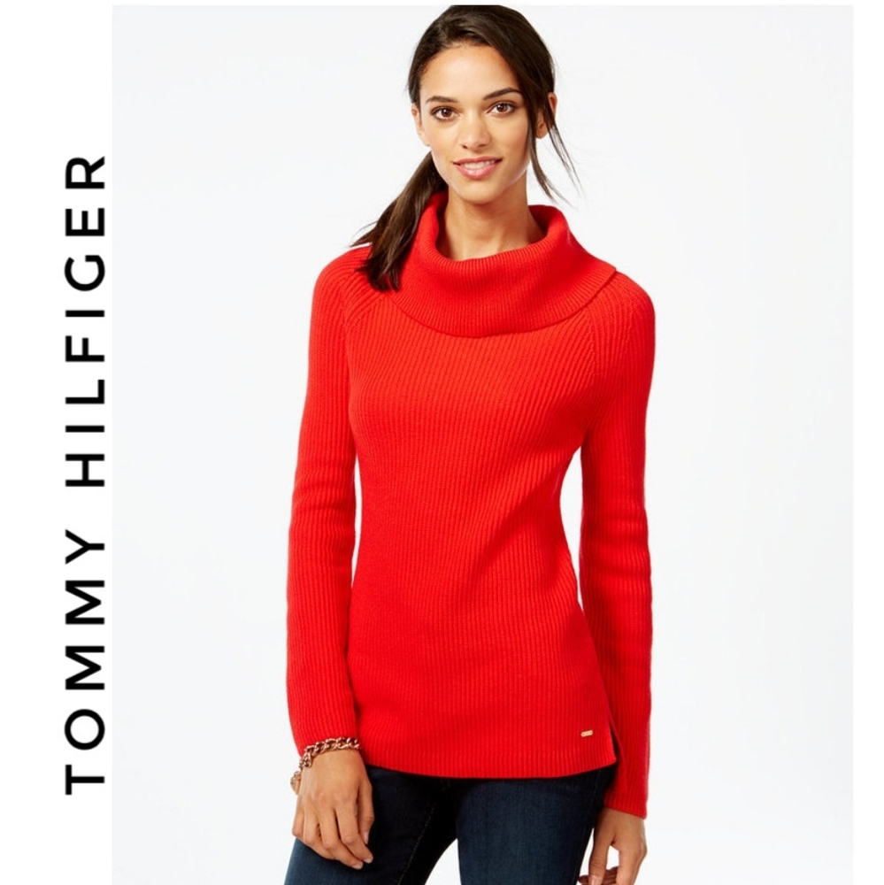 Tommy Hilfiger Red Ribbed Cowl Neck Sweater EUC